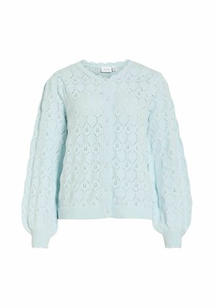 Lichtblauwe gebreide cardigan met kantgebreid patroon, parelknopen, lange pofmouwen en geribbelde boorden en zoom.