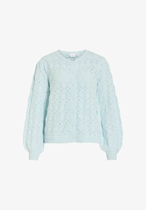 Vaaleansininen neulottu neuletakki, jossa pitsineulekuvio, helmenväriset napit, pitkät puffihihat sekä resorit hihansuissa ja helmassa.