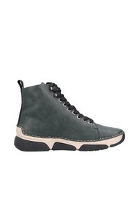 Baskets montantes en cuir vert foncé avec des lacets noirs, présentant une semelle intermédiaire crème et une semelle extérieure en caoutchouc noir texturé. Détails de couture visibles.