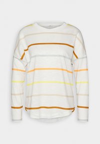 Långärmad T-shirt i vitt tyg med horisontella ränder i orange, gult, grått och beige; rund halsringning och avslappnad passform.