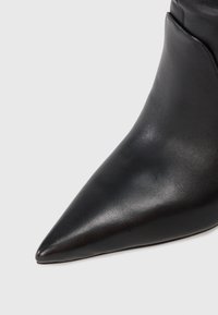 Schwarze Leder-Ankle-Boots mit spitzem Zeh und glatter Textur vor einem einfarbigen hellen Hintergrund.