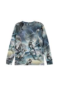 Långärmad skjorta med olika dinosaurier och en flygande pterosaur mot en månupplyst, stenig förhistorisk landskapsbakgrund.