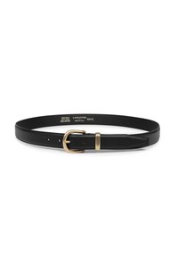 Cintura in pelle nera con fibbia e anello dorati, marchiata Lancaster Paris, made in Italy, misura 100/115, esposta su sfondo bianco.
