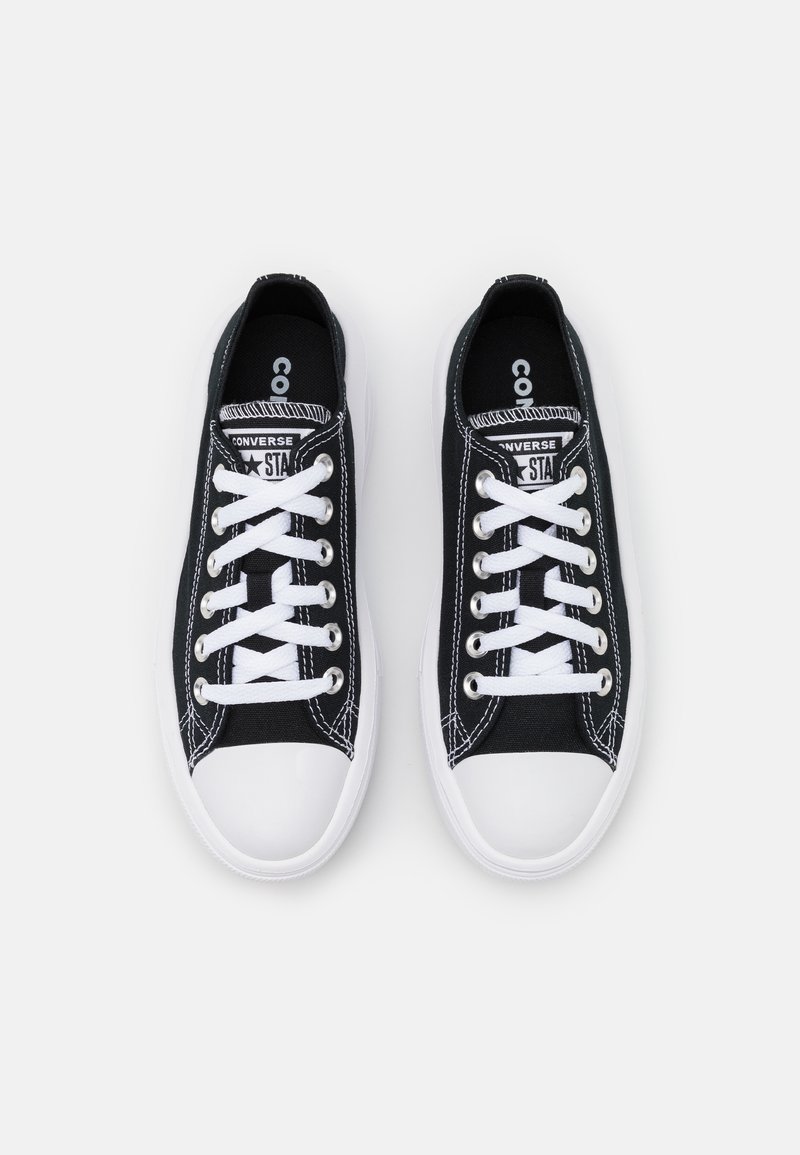 Schwarze Leinenschuhe mit weißen Schnürsenkeln und weißen Gummispitzen, mit kontrastierenden Nähten und einem Logo auf der Zunge.