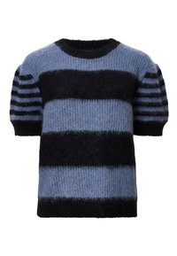 Kurzarm-Pullover in gemischten Blau- und Schwarztönen, mit dicken horizontalen Streifen und einer weichen, flauschigen Textur. Rundhalsausschnitt, lockere Passform.