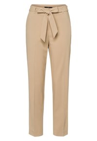 Pantalons beige cintrés avec une taille haute et une ceinture en tissu nouée en nœud à l'avant, dotés de passants de ceinture et d'une coupe slim et droite.