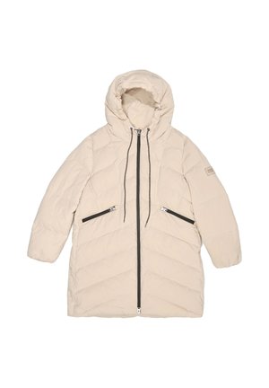 Giacca a vento beige con cappuccio, caratterizzata da un motivo trapuntato diagonale, tasche frontali con cerniera e chiusura centrale con zip.