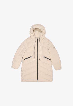 Beiger Steppmantel mit Kapuze, diagonalem Steppmuster, vorderen Reißverschlusstaschen und zentralem Reißverschluss.