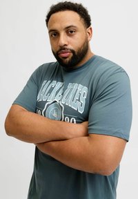 Hall hallide t-särk halli tooni, millel on valge ja helesinine "Jack & Jones" graafika, lühikeste varrukate ja ringikujulise kaelusega.