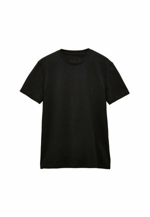 Schwarzes, schlichtes T-Shirt mit kurzen Ärmeln und Rundhalsausschnitt, mit kleinem, dezentem Logo auf der linken Brust, dargestellt vor weißem Hintergrund.