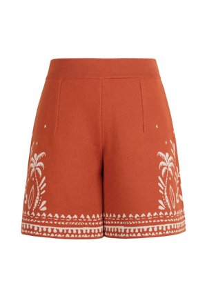 Rūsas oranžas adītas šortas ar baltām ziedu un ģeometriskām rakstām pa apmali un sānos, ar pieguļošu jostasvietu un priekšējām vīlēm.