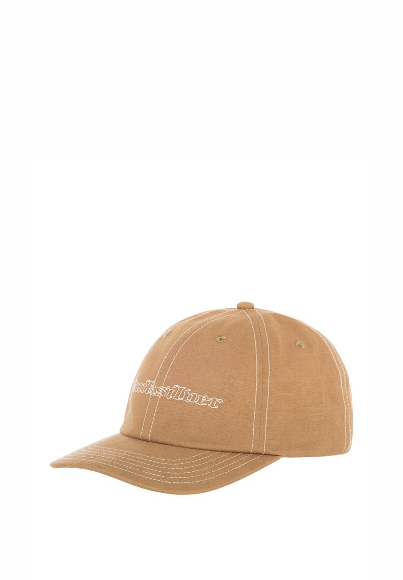 Braune Baumwoll-Baseballmütze mit weißen Nähten und gesticktem Logo auf der Vorderseite. Mit gebogenem Schirm und verstellbarem Riemen auf der Rückseite.