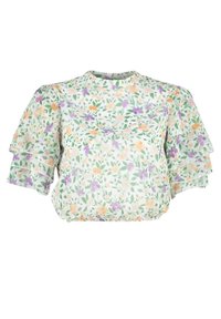 Blusa floreale a maniche corte con scollatura tonda, maniche a ruffle sovrapposte, e uno sfondo verde chiaro con motivi arancioni, viola e verdi.