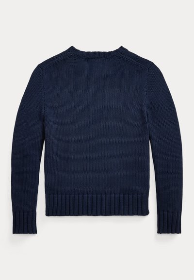 Maglione blu navy scuro a maniche lunghe lavorato a maglia con polsini, orlo e scollatura a girocoste, mostrato disteso con il retro rivolto verso l'alto.