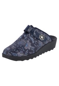 Navy slip-on clog with a textured pattern featuring blue and purple dots, a glossy strap, and a floral accent on the side. Low wedge sole.