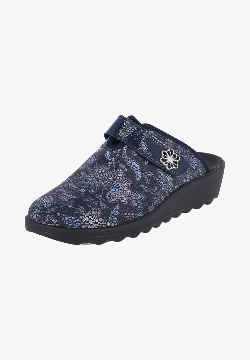 Navy slip-on clog with a textured pattern featuring blue and purple dots, a glossy strap, and a floral accent on the side. Low wedge sole.