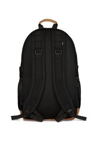 Sac à dos noir avec un dos en tissu en mesh, des bretelles ajustables et un accent en cuir beige à la base. Poches latérales en mesh pour un rangement supplémentaire.