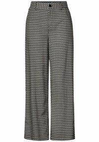 Svart och vit mönstrad vida byxor med hög midja, featuring en knappstängning och en strukturerad tyggdesign.