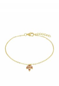 Bracciale placcato in oro con un design a catena, caratterizzato da un charm floreale con cristalli rosa. Lunghezza regolabile con chiusura a moschettone.