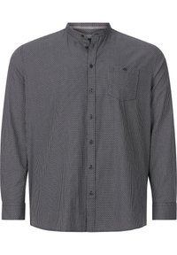 Langärmliges, knopfbares Hemd in Dunkelgrau mit kleinem Karomuster. Verfügt über einen Stehkragen und eine Brusttasche. Aus weichem Baumwollstoff.
