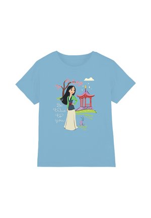 Light blue cotton t-shirt featuring a graphic of a character in green and beige attire, floral accents, a pagoda, and the text "Be true to you."