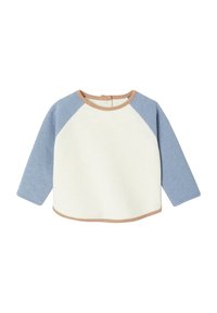 Langärmliger Pullover mit einem cremefarbenen Oberteil, hellblauen Ärmeln und sandfarbenen Akzenten. Weicher, strukturierten Stoff, abgerundeter Saum und Knopfverschluss am Rücken.