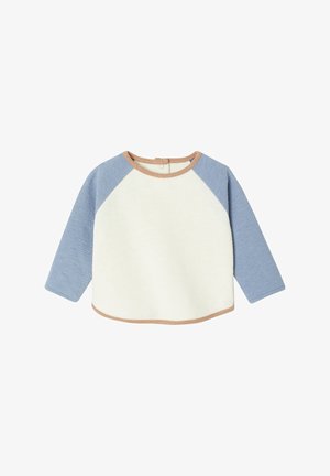 Langärmliger Pullover mit einem cremefarbenen Oberteil, hellblauen Ärmeln und sandfarbenen Akzenten. Weicher, strukturierten Stoff, abgerundeter Saum und Knopfverschluss am Rücken.