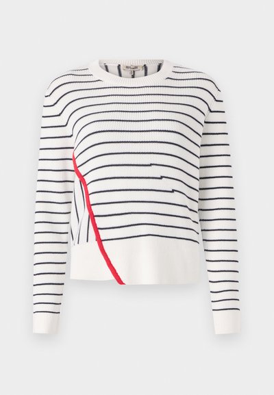 White knit sweater with navy horizontal stripes, featuring a red accent along the left side. Crew neckline and long sleeves.