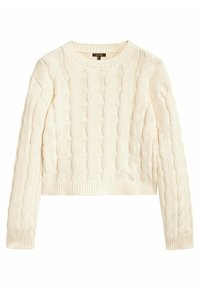 Pull en tricot de couleur crème avec un motif en torsades, col rond et poignets et ourlet côtelés. Longueur cropped avec des manches longues.