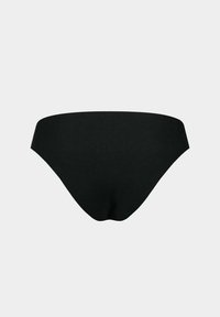 Bas de bikini noir en tissu lisse. Présente une coupe classique avec un design sans coutures et sans matériel ou motifs visibles.