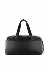 Sac de sport noir en cuir texturé, avec doubles poignées, fermeture éclair, et un petit logo à l'avant. Design lisse et spacieux.