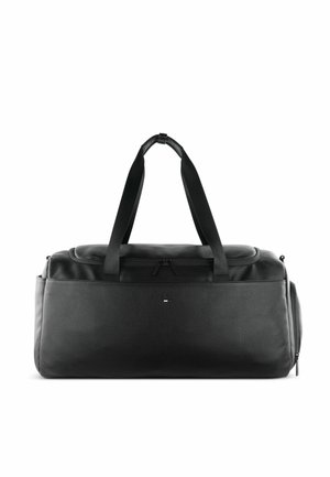 Black duffel bag made of textured leather, featuring dual handles, zip closure, and a small logo on the front. Smooth, spacious design.