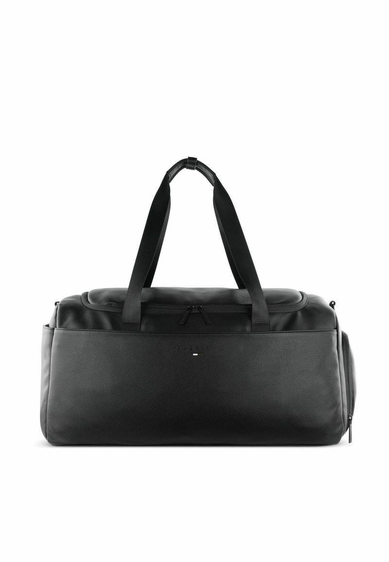 Sac de sport noir en cuir texturé, avec doubles poignées, fermeture éclair, et un petit logo à l'avant. Design lisse et spacieux.