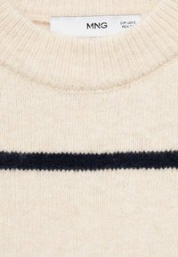Cream-colored knit sweater with a ribbed crew neckline and a horizontal navy stripe across the chest. Textured wool-like material.