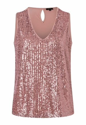 Mouwloze roze top met V-hals en sleutelgat aan de achterkant, volledig bedekt met verticale glinsterende pailletten.