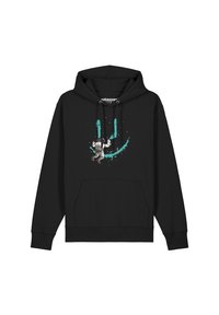 Zwarte hoodie met een voorzak, voorzien van een astronautgrafiek met teal spatten en een smiley gezicht ontwerp. Gemaakt van zachte stof.