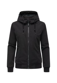 Svart huva jacka med framdragkedja, justerbar dragskohuva, blixtlåsfickor på sidorna och ribbade muddar och nederkant.