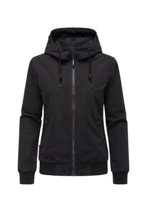Svart huva jacka med framdragkedja, justerbar dragskohuva, blixtlåsfickor på sidorna och ribbade muddar och nederkant.