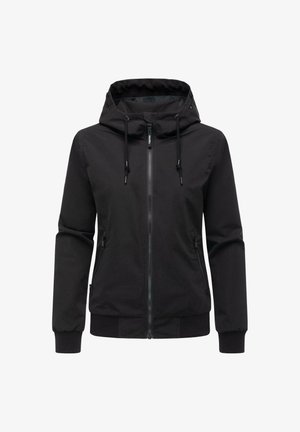 Schwarze Kapuzenjacke mit Frontreißverschluss, verstellbarem Kordelzug an der Kapuze, seitlichen Reißverschlusstaschen sowie gerippten Bündchen und Saum.