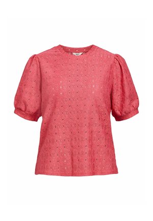 Rosa kortärmad topp i texturerad tyg, med rund halsringning och puffärmar. Ytan har ett diamantmönster med små utskärningar.