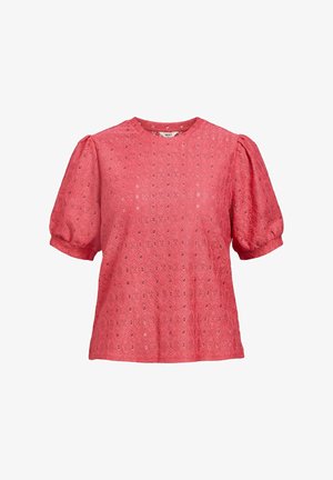 Rosa kortærmet top med struktureret stof, der har en rund halsudskæring og puffede ærmer. Overfladen har et diamantmønster med små udsparinger.