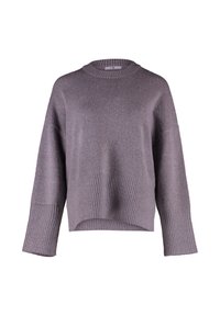 Lila Strickpullover mit strukturiertem Körper, gerippten Bündchen und weitem Rundhalsausschnitt. Gekürzte Silhouette mit lockerer Passform.