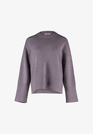 Lila Strickpullover mit strukturiertem Körper, gerippten Bündchen und weitem Rundhalsausschnitt. Gekürzte Silhouette mit lockerer Passform.