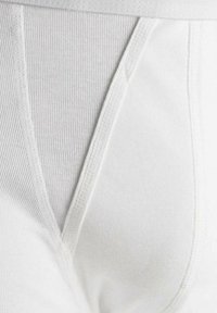 Hvite bomullsunderbukser med en glatt, ribbet tekstur, med et V-formet frontdesign og elastisk midjebånd. Ingen synlige mønstre eller detaljer.