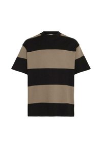 T-shirt rayé marron et noir, manches courtes, col rond, fabriqué en matière douce avec des rayures horizontales de largeurs variées.