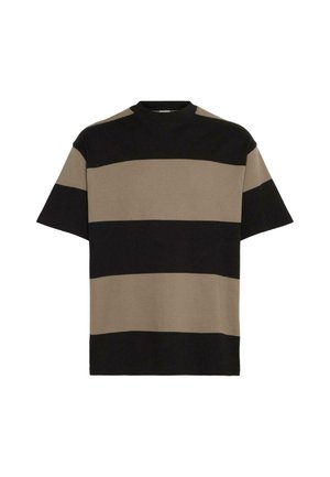 T-shirt med striber i brun og sort, korte ærmer, rund hals, lavet af blødt materiale med horisontale striber i forskellige bredder.