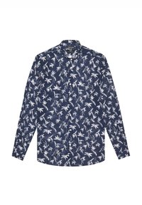 Camicetta blu navy a maniche lunghe con motivo floreale bianco, colletto a bottoni e orlo dritto. Realizzata in tessuto leggero con una finitura texture.