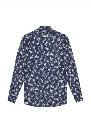 Camisa de manga larga navy con un patrón floral blanco, cuello tipo botonadura y bajo recto. Fabricada con una tela ligera con un acabado texturizado.