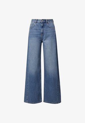 High-waisted wide-leg blue denim jeans with front button, zipper closure, and five-pocket design on white background.