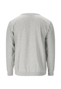 Lys grå sweatshirt med lange ærmer, rund halsudskæring og ribbede manchetter. Stoffet virker blødt med en glat tekstur og uden synlige mønstre.